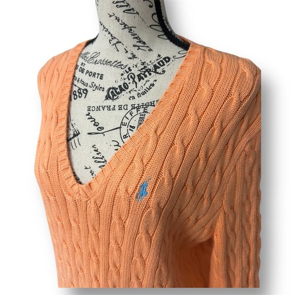 Vintage Ralph Lauren Sport Orange Cable Knit V-Neck Sweater Preppy Coastal XL - Picture 2 of 8